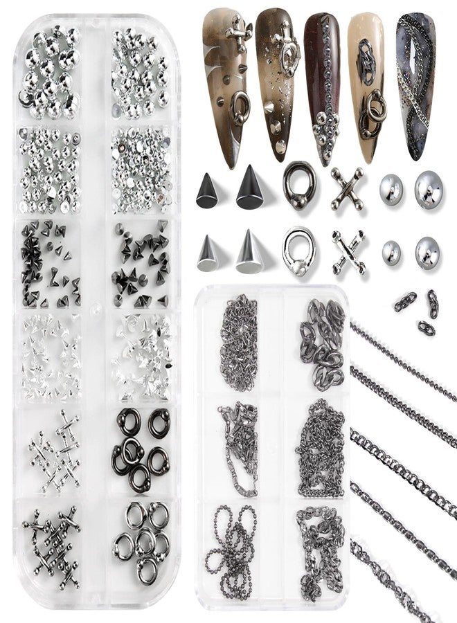 JERCLITY 2 Boxes of Silver, Gunmetal Black Goth Nail Charms | Punk Style Cross, Cone, Spike Rivets, Flat-Back Rhinestones, and Y2K Nail Chains for Nail Art | Suitable for Natural and Artificial Nails - Image 1